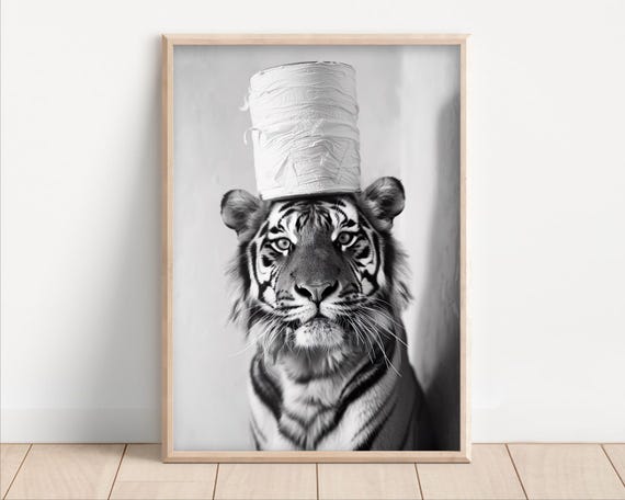 Tiger With Toilet Paper On Poster Or Canvas Funny Bathroom Wall Art Kids Laundry Room Decor Animal Humor Photo Cute Print