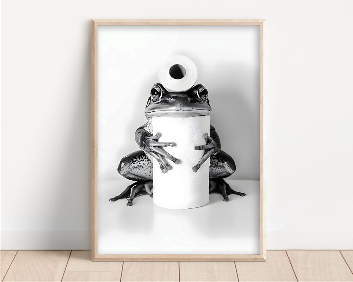 Frog With Toilet Paper Rolls Funny Black And White Wall Poster