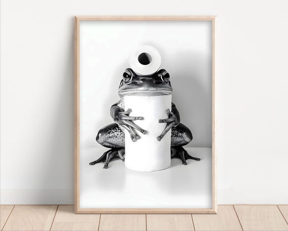 Frog With Toilet Paper On Poster Or Canvas Funny Bathroom Wall Art Kids Laundry Room Decor Animal Humor Photo Cute Print