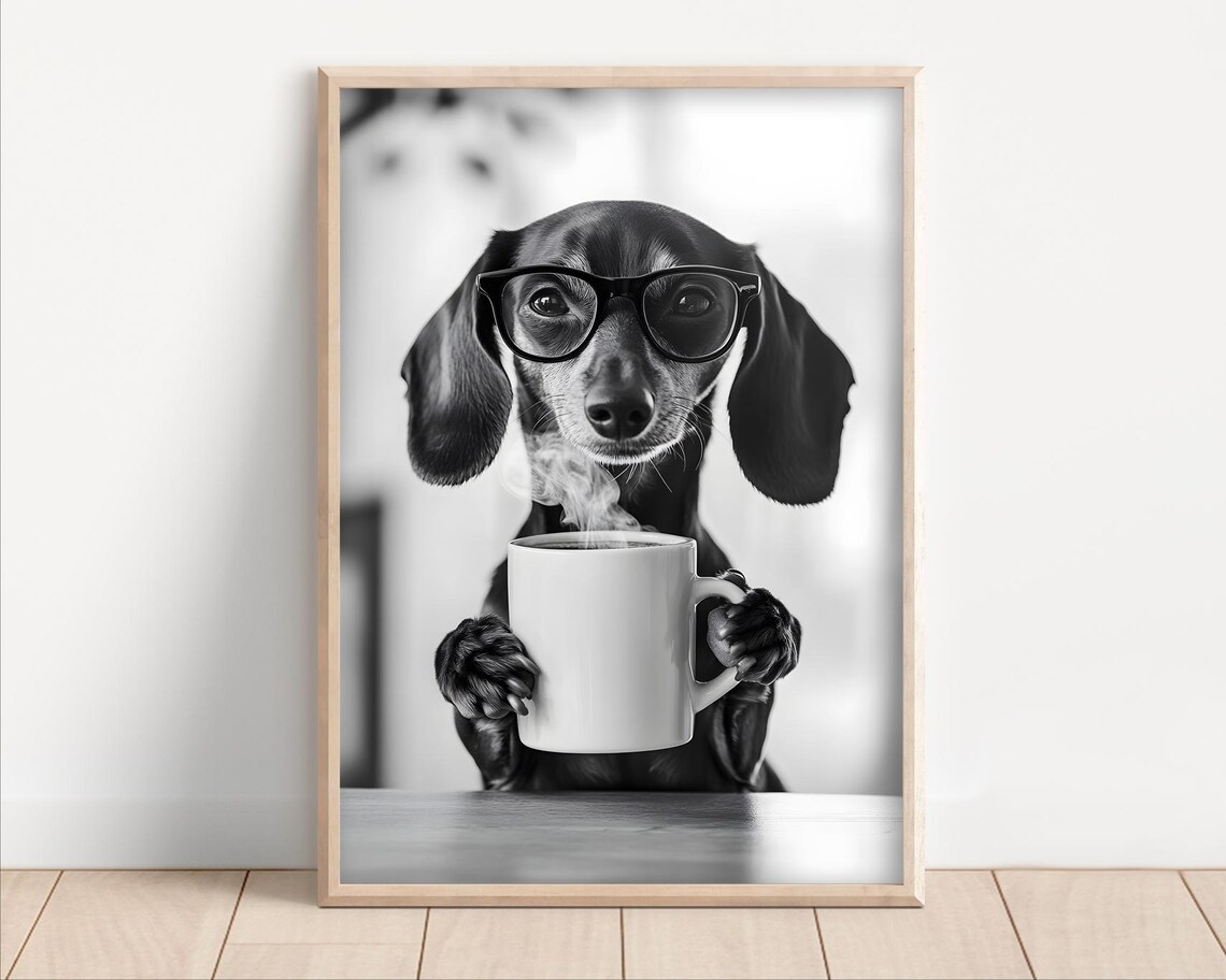 Dachshund Dog Drinking Coffee, Funny Kitchen Art Print