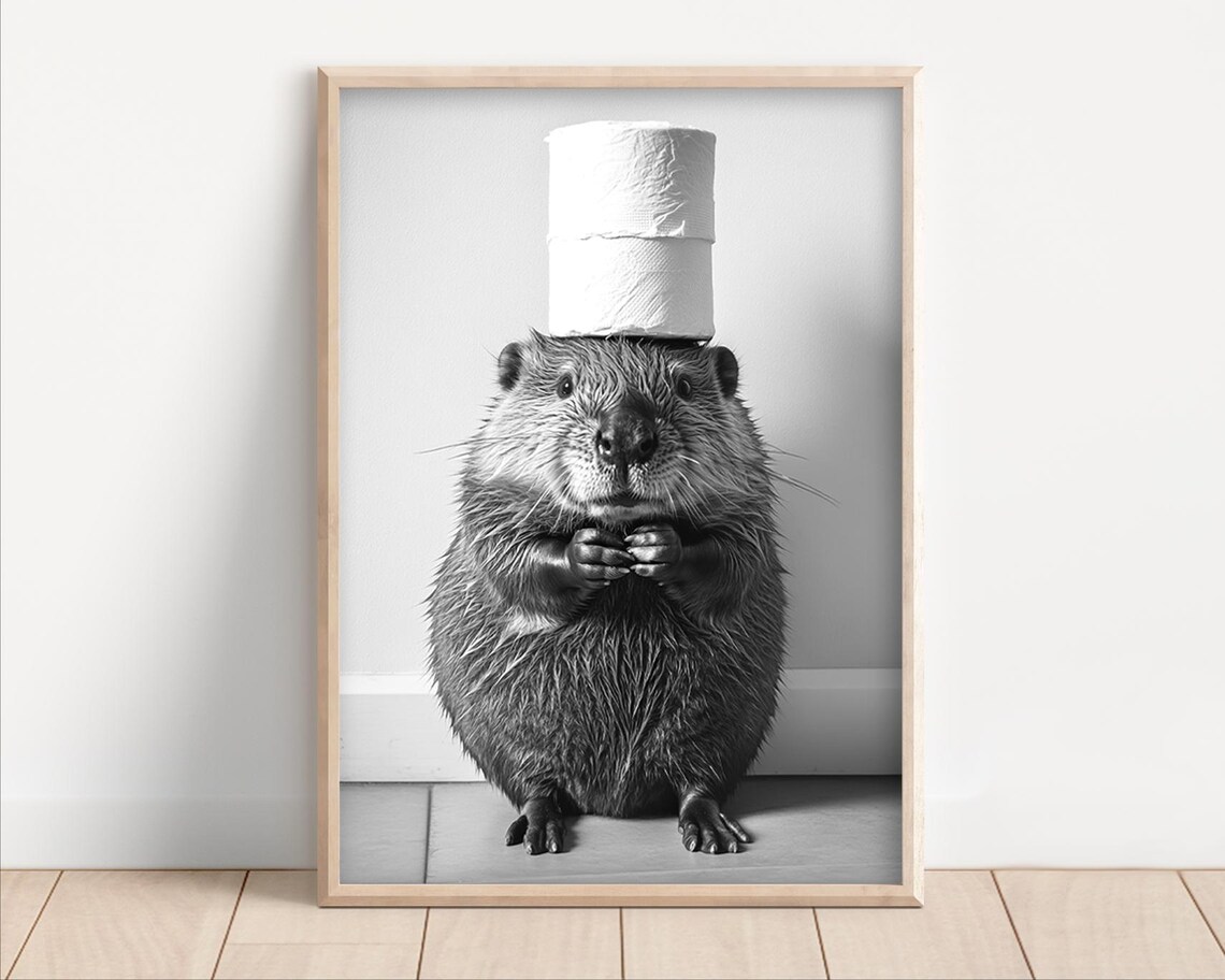 Beaver With Toilet Paper, Funny Bathroom Art Print