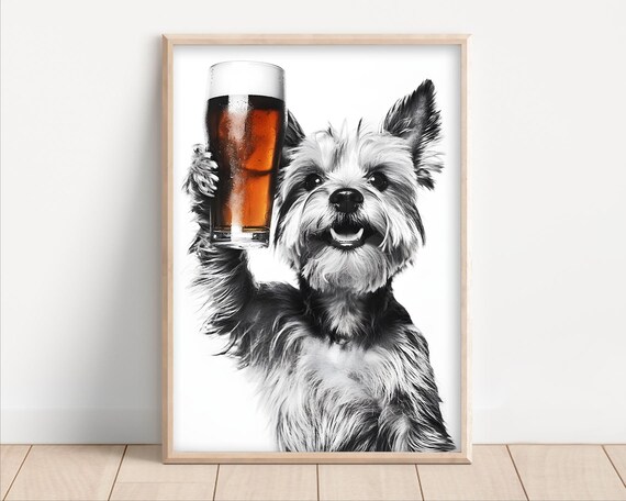 Yorkshire Terrier Drinking Beer Poster Or Canvas Lover Decor Alcohol Humor Funny Kitchen Wall Art Dog Owner Gift Home Bar Print