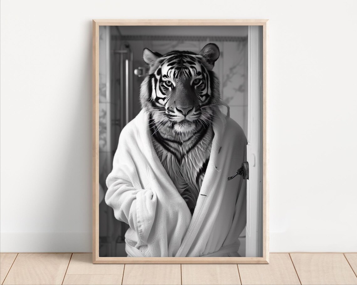Regal Tiger In Bathrobe Black And White Funny Animal Wall Art