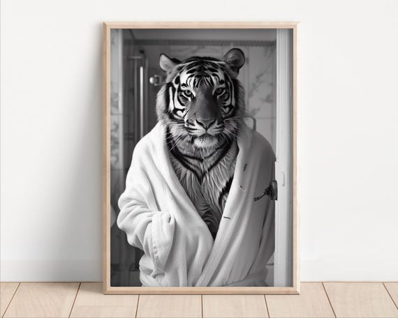 Tiger Wearing A Bathrobe Poster Or Canvas Funny Bathroom Wall Art Cute Animals In Kids Laundry Room Decor Print