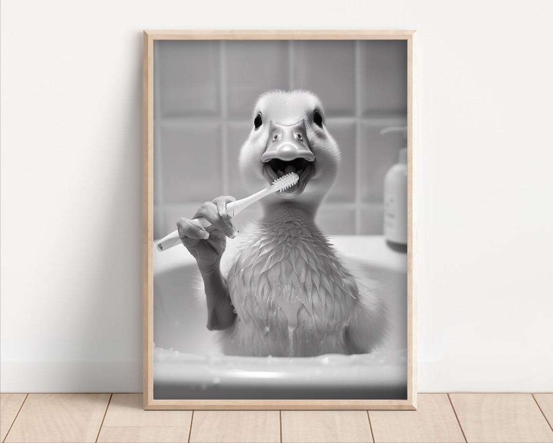 Funny Duckling Brushing Teeth Black and White Bathroom Poster