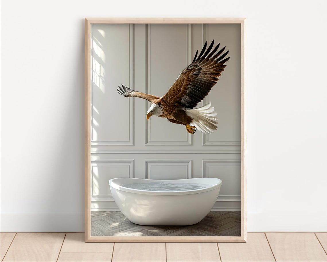 Majestic Bald Eagle Diving Into White Bathtub Funny Bathroom Poster