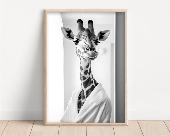 Giraffe Wearing A Bathrobe Poster Or Canvas Funny Bathroom Wall Art Cute Animals In Kids Laundry Room Decor Print