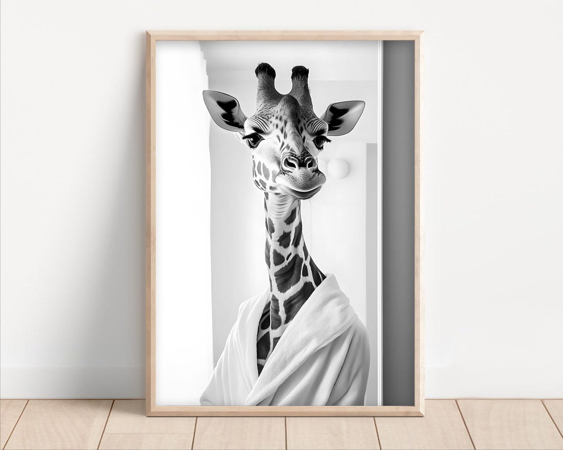 Giraffe Wearing A Bathrobe Poster Or Canvas Funny Bathroom Wall Art Cute Animals In Kids Laundry Room Decor Print