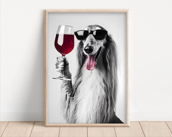 Afghan Hound Dog Drinking Wine Wearing Sunglasses Poster Canvas Lover Decor Funny Kitchen Wall Art Humor Dining Room