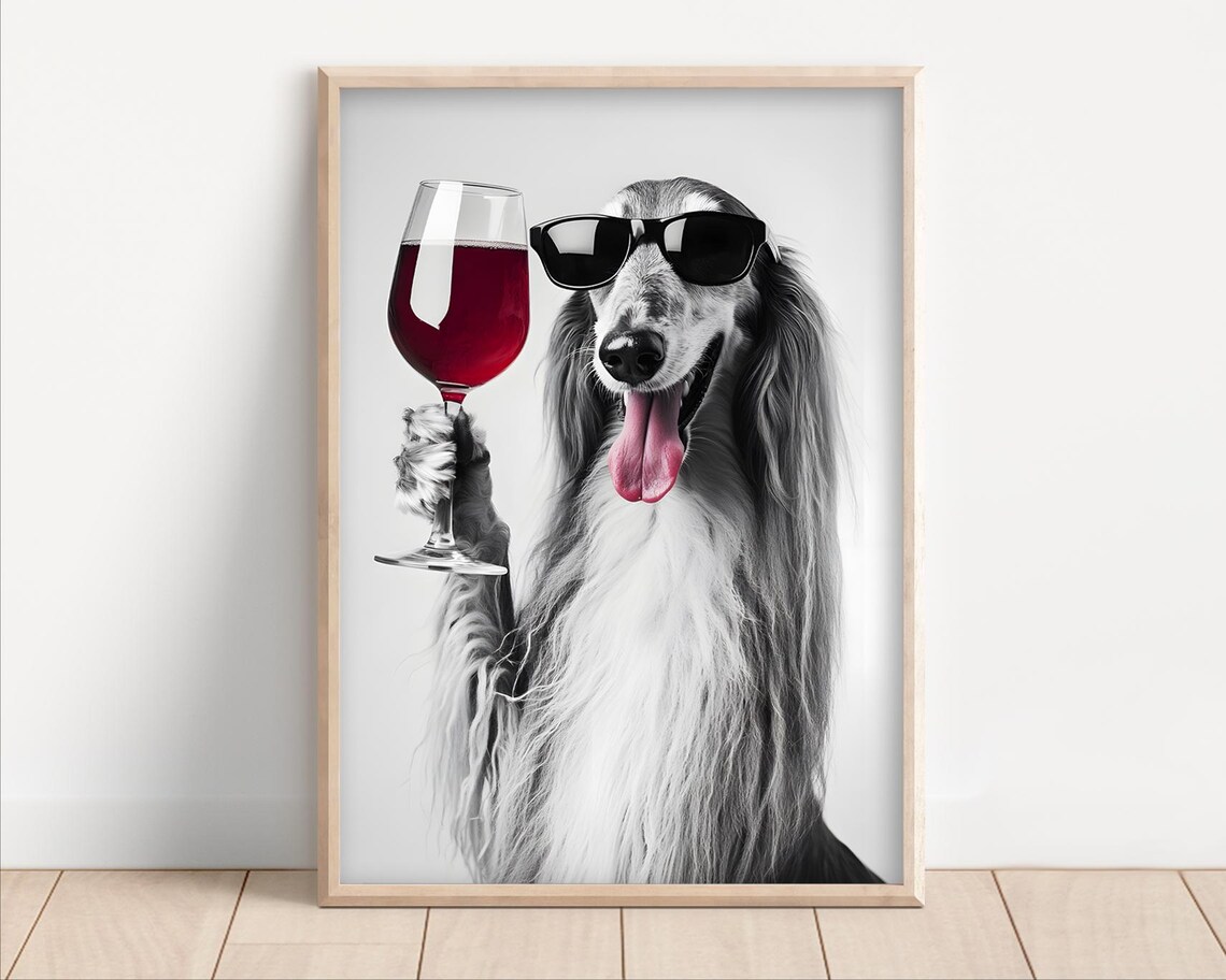 Afghan Hound Dog Drinking Wine Wearing Sunglasses Poster Canvas Lover Decor Funny Kitchen Wall Art Humor Dining Room