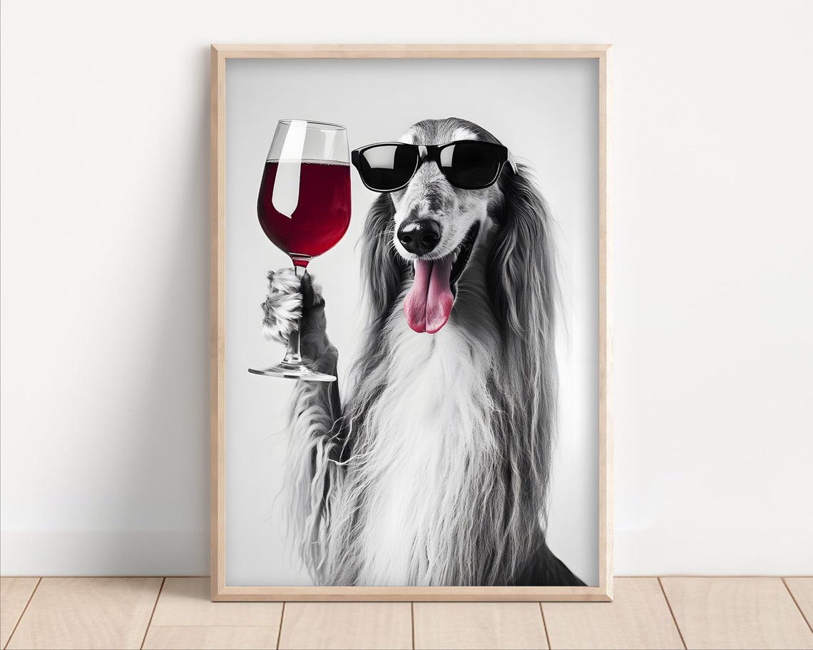Glamorous Afghan Hound Sunglasses Drinking Red Wine Funny Poster