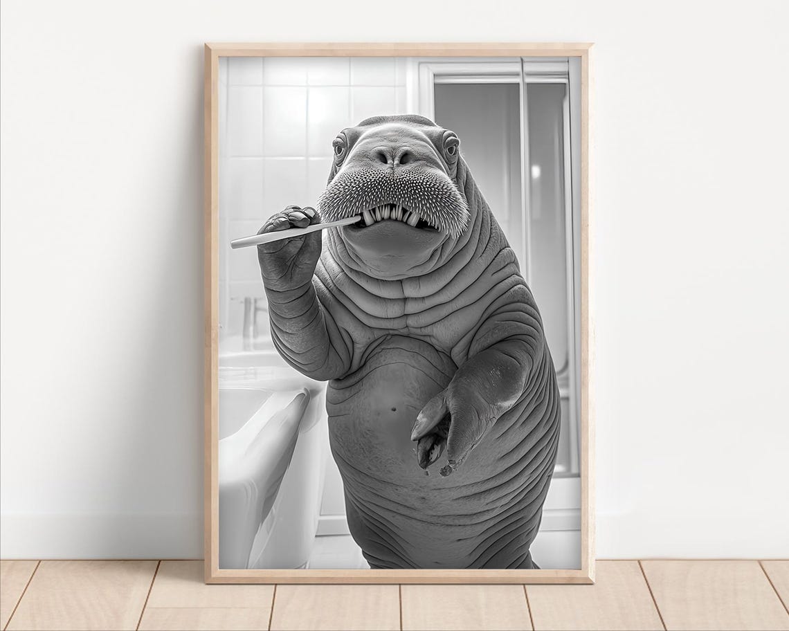 Cute Cheerful Walrus Brushing Teeth Funny Bathroom Animal Poster