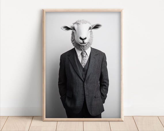 Sheep Wearing A Business Suit Funny Office Wall Art Print Animal Home Decor Success Quirky Humor Cute Retro Photo