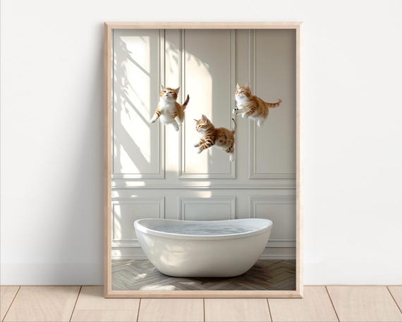 Cats Jumping Into Bathtub Poster Or Canvas Funny Bathroom Wall Art Decor Animals Taking A Bath Cute Cat Print Animal