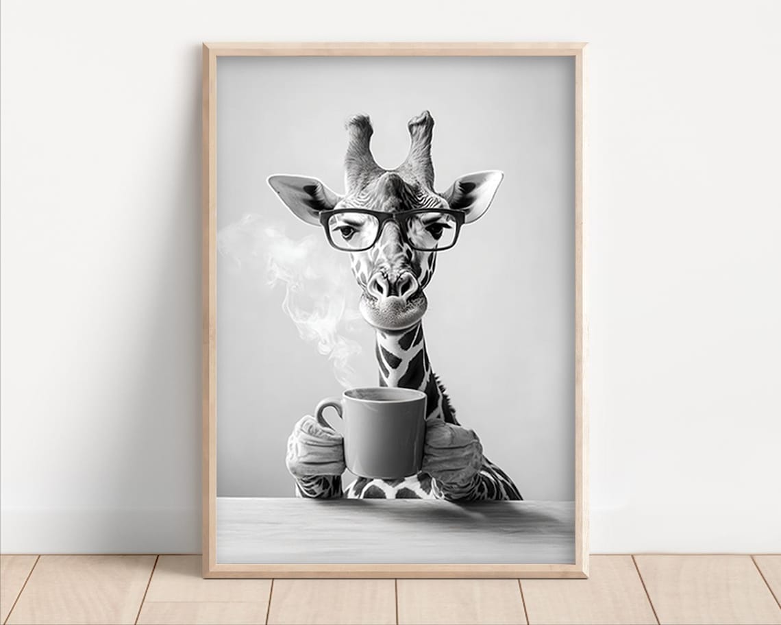 Giraffe Drinking Coffee Funny Kitchen Art Print