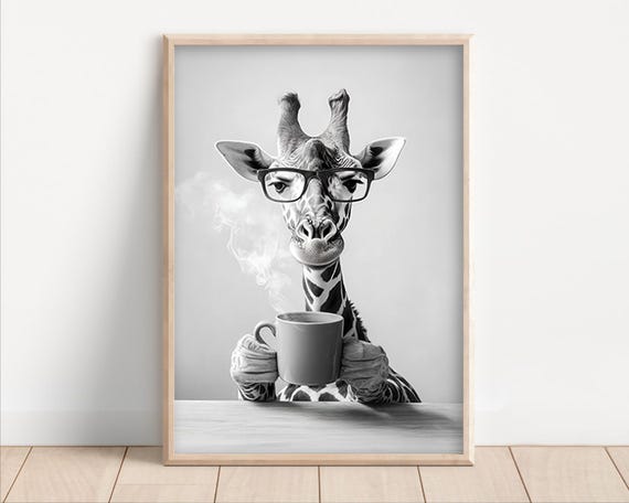 Giraffe Drinking Coffee Funny Kitchen Art Print