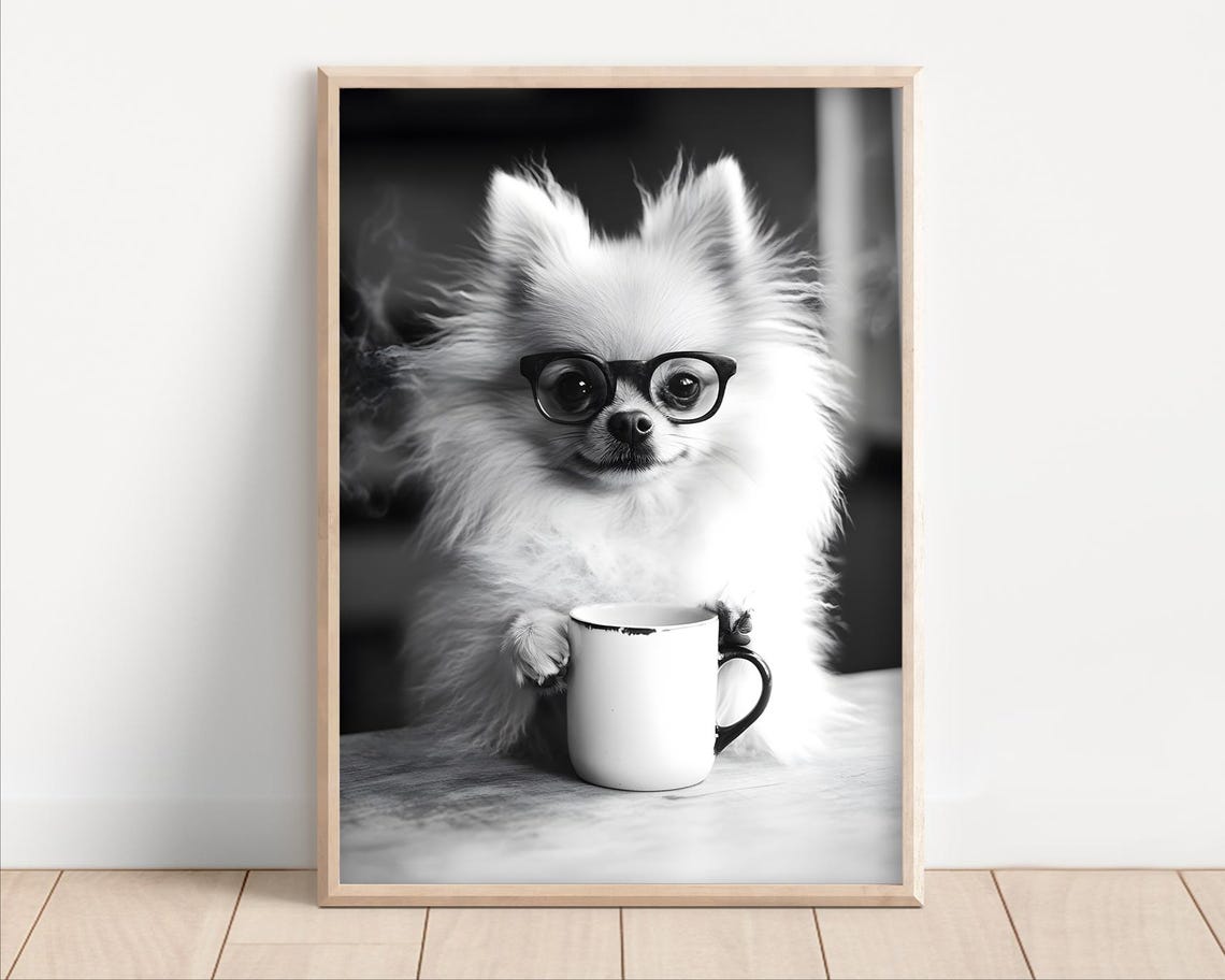 Pomeranian Dog Wearing Glasses Holding Coffee Mug Funny B&W Poster