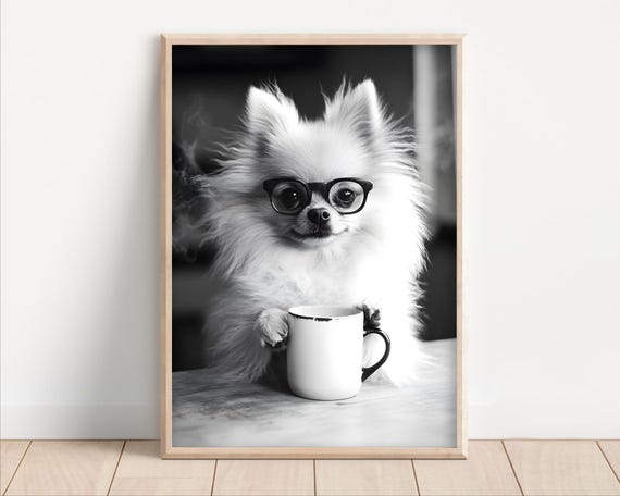 Pomeranian Dog Drinking Coffee Wearing Glasses Poster Or Canvas Funny Kitchen Wall Art Lover Humor Cute Animal Decor