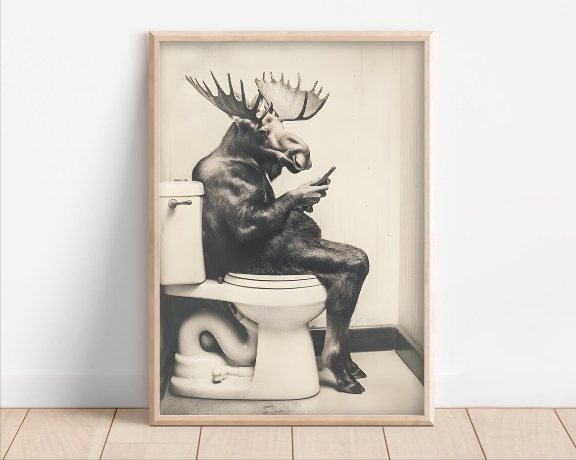 Moose Sitting on the Toilet, Vintage Bathroom Humor