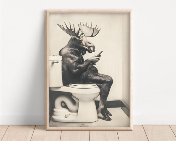 Moose Sitting on the Toilet, Vintage Bathroom Humor