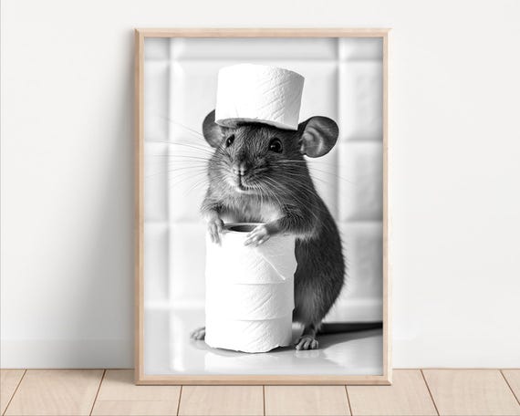 Mouse With Toilet Paper On Poster Or Canvas Funny Bathroom Wall Art Kids Laundry Room Decor Animal Humor Photo Cute Print