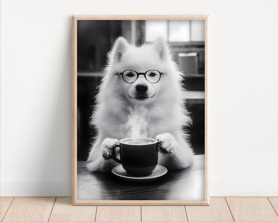Samoyed Dog Drinking Coffee Wearing Glasses Poster Or Canvas Funny Kitchen Wall Art Lover Humor Cute Animal Decor Lovers