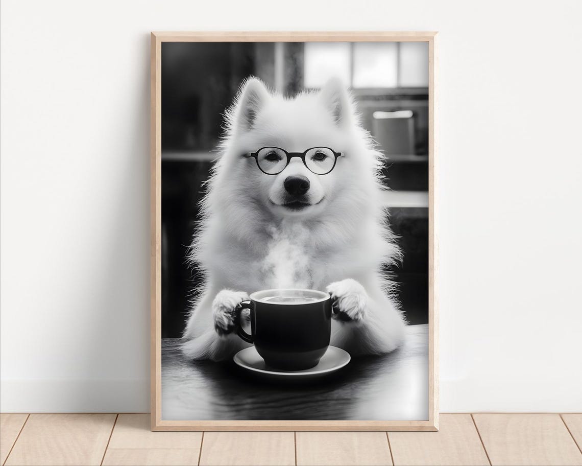 Samoyed Dog in Glasses Holding Coffee Cup Funny Kitchen Pet Poster