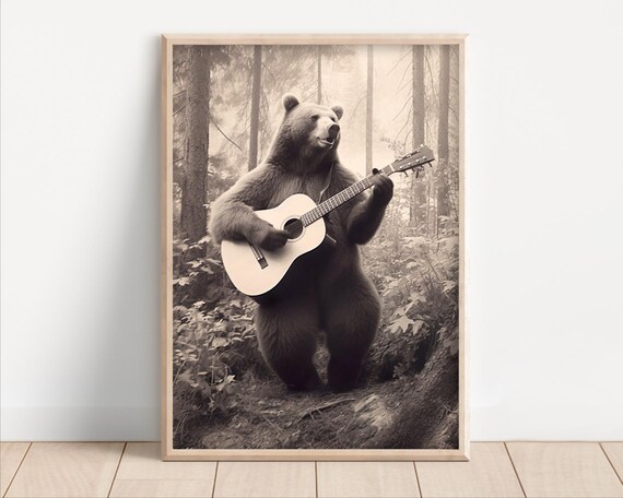 Bear Playing Acoustic Guitar Poster Or Canvas Funny Music Room Wall Art Vintage Style Animal Decor Quirky Humor Retro Photo Print
