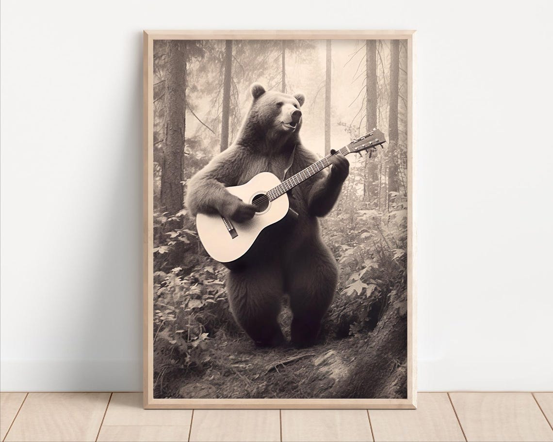Funny Brown Bear Playing Acoustic Guitar In Misty Forest Poster