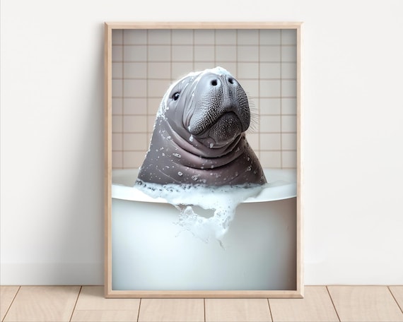 Cute Manatee Bubble Bath Funny Photoreal Animal Bathroom Poster