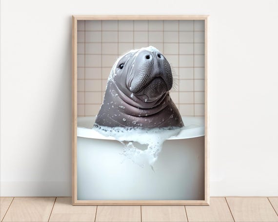 Manatee Taking Bubble Bath Poster Or Canvas Funny Bathroom Wall Art Animals In Bathtub Cute Laundry Room Decor Kids Nursery Print