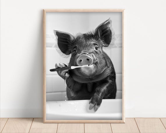 Pig Brushing Teeth Poster Or Canvas Funny Bathroom Wall Art Kids Laundry Room Decor Vintage Style Retro Animal Print Cute Humor