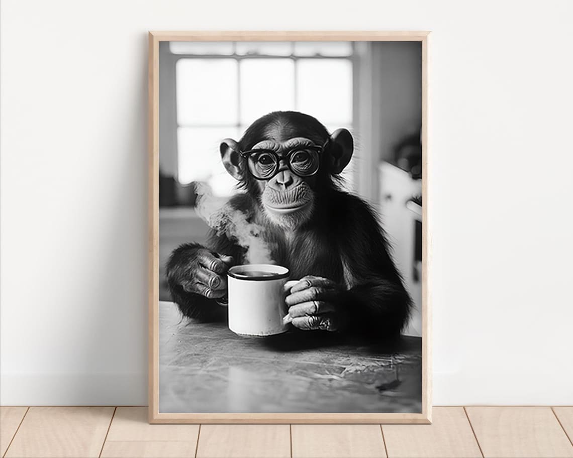 Monkey Drinking Coffee Poster Or Canvas Funny Kitchen Wall Art Shop Decor Lovers Dining Room Cute Animal Print
