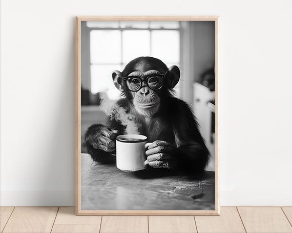 Monkey Drinking Coffee Poster Or Canvas Funny Kitchen Wall Art Shop Decor Lovers Dining Room Cute Animal Print