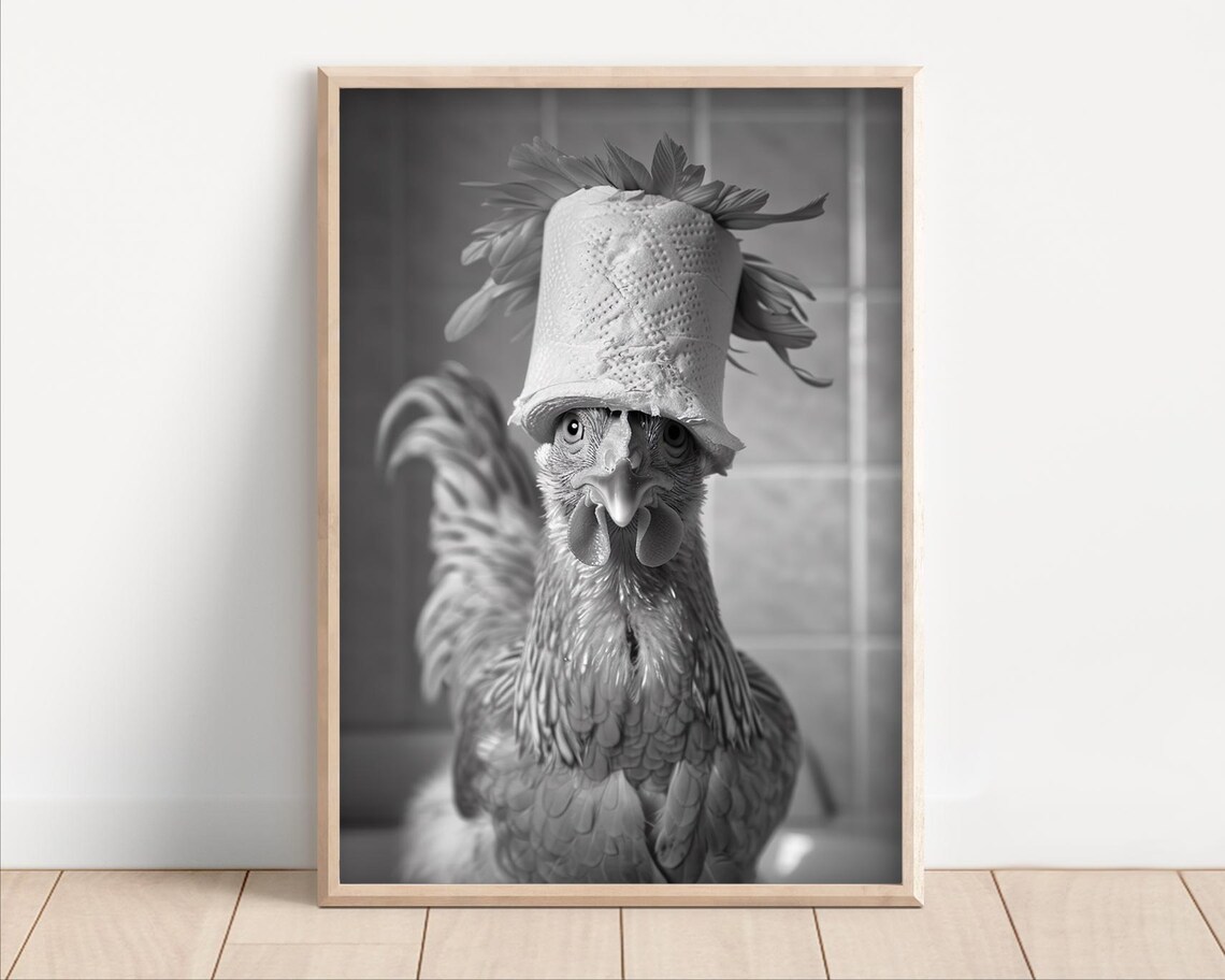 Funny Chicken Bathroom Vintage Animal Art Print