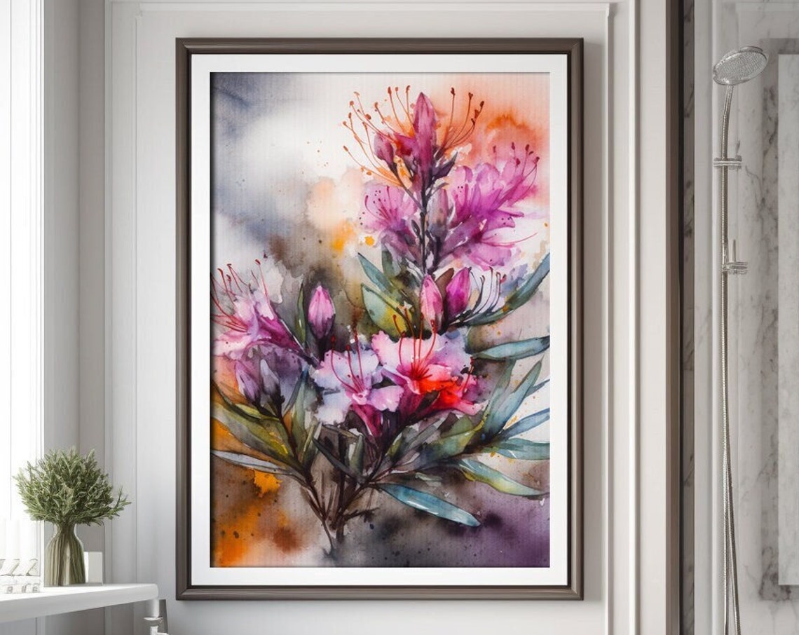Pink Heather Flowers Watercolor Blooming Botanical Painting Poster