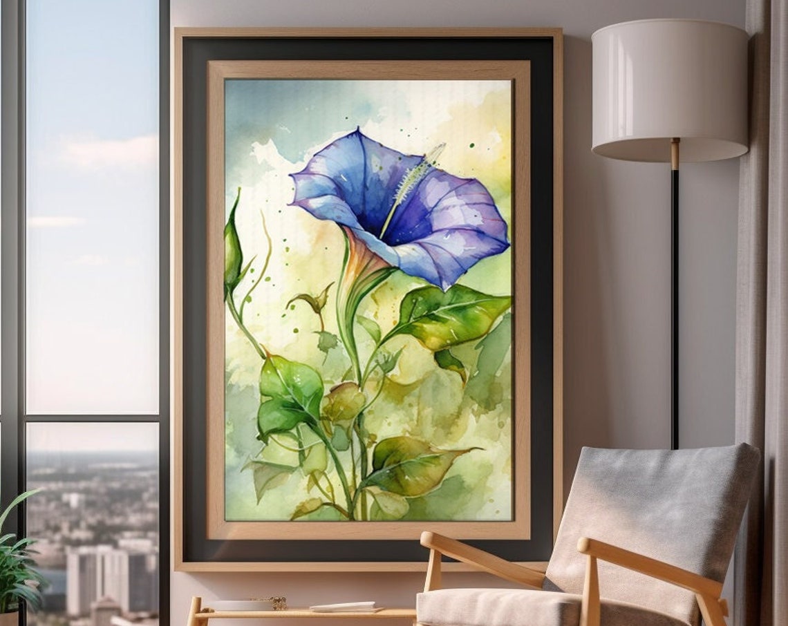 Blue Morning Glory Flower Watercolor Botanical Garden Poster