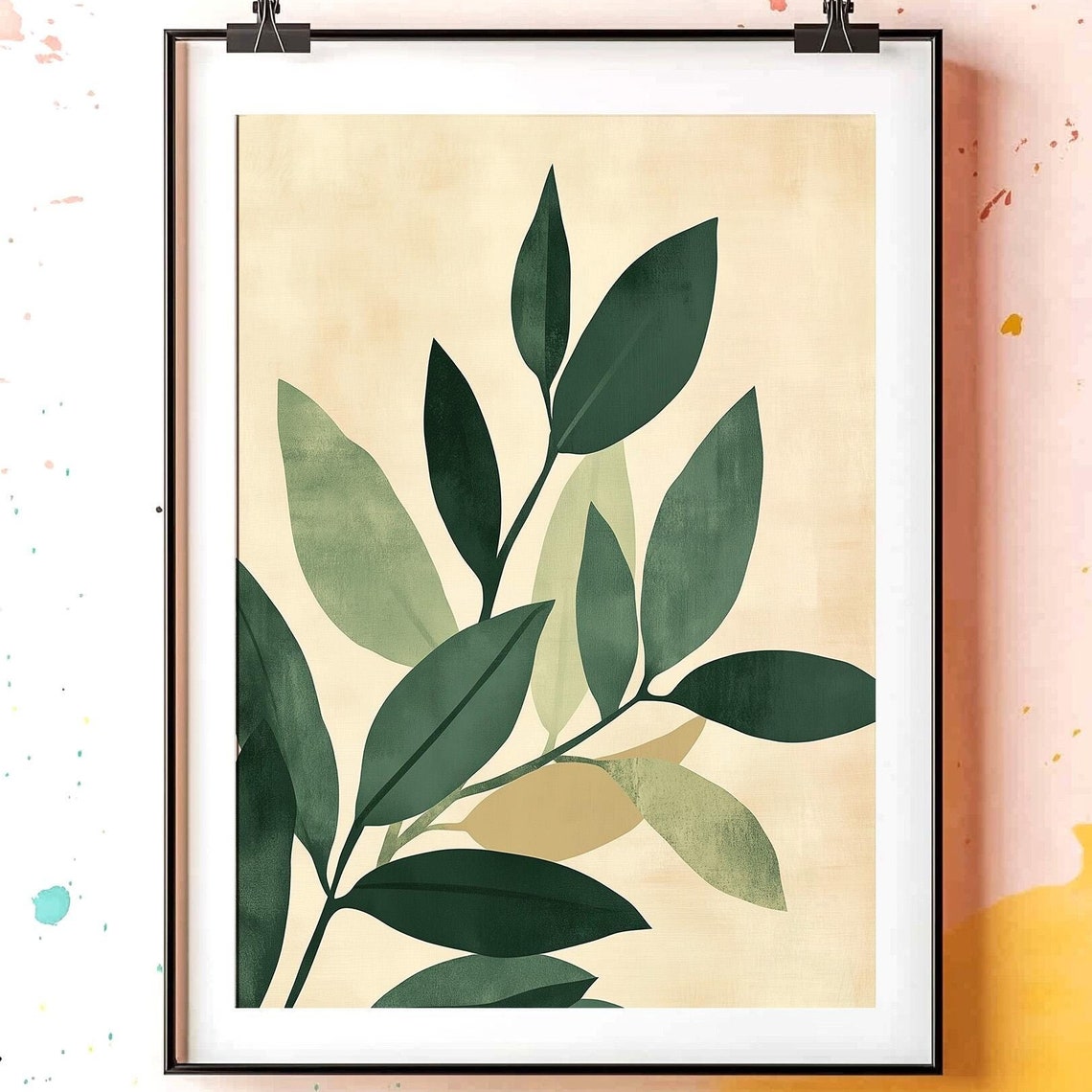 Sage Green Leaf Branch Mid Century Modern Style Botanical Poster