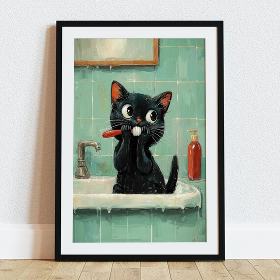 Funny Black Cat Brushing Teeth Retro Mint Bathroom Wall Art Vintage Poster
