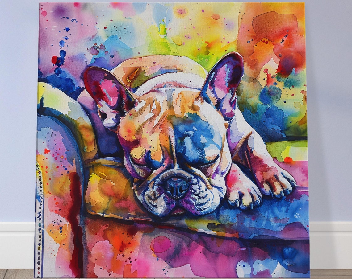 Sleeping French Bulldog Rainbow Watercolor Napping Puppy Wall Poster