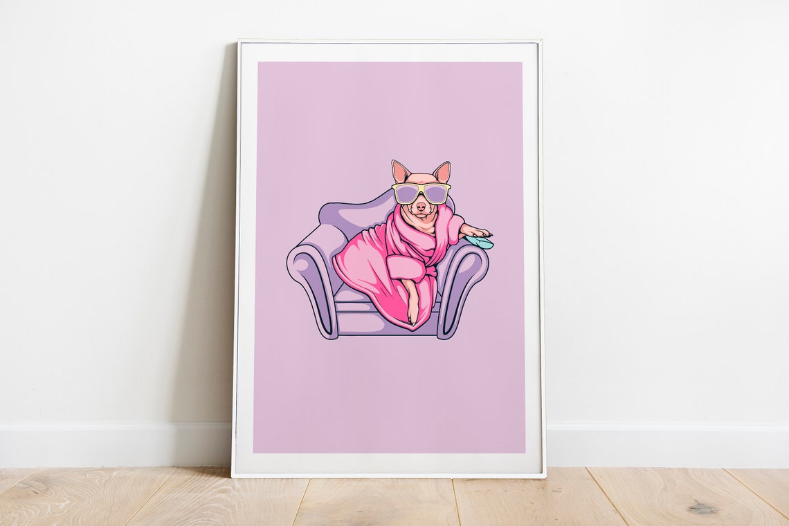Chic Bulldog In Pink Bathrobe Sunglasses Cartoon Dog Art Poster