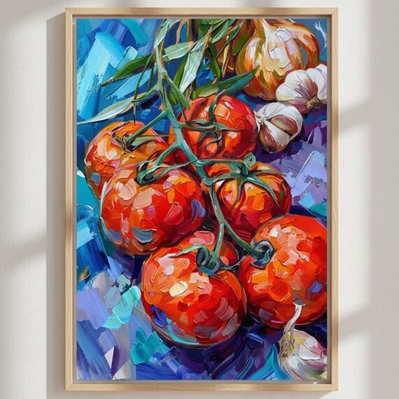 Ripe Vine Tomatoes Garlic Bulbs Cobalt Blue Impasto Oil Painting Poster