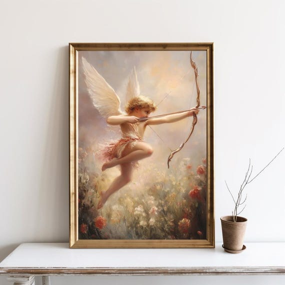 Valentines Day Cupid Painting Victorian Wall Art Vintage Angel Poster Nursery Decor Neutral Tone Colorful Canvas Sg357