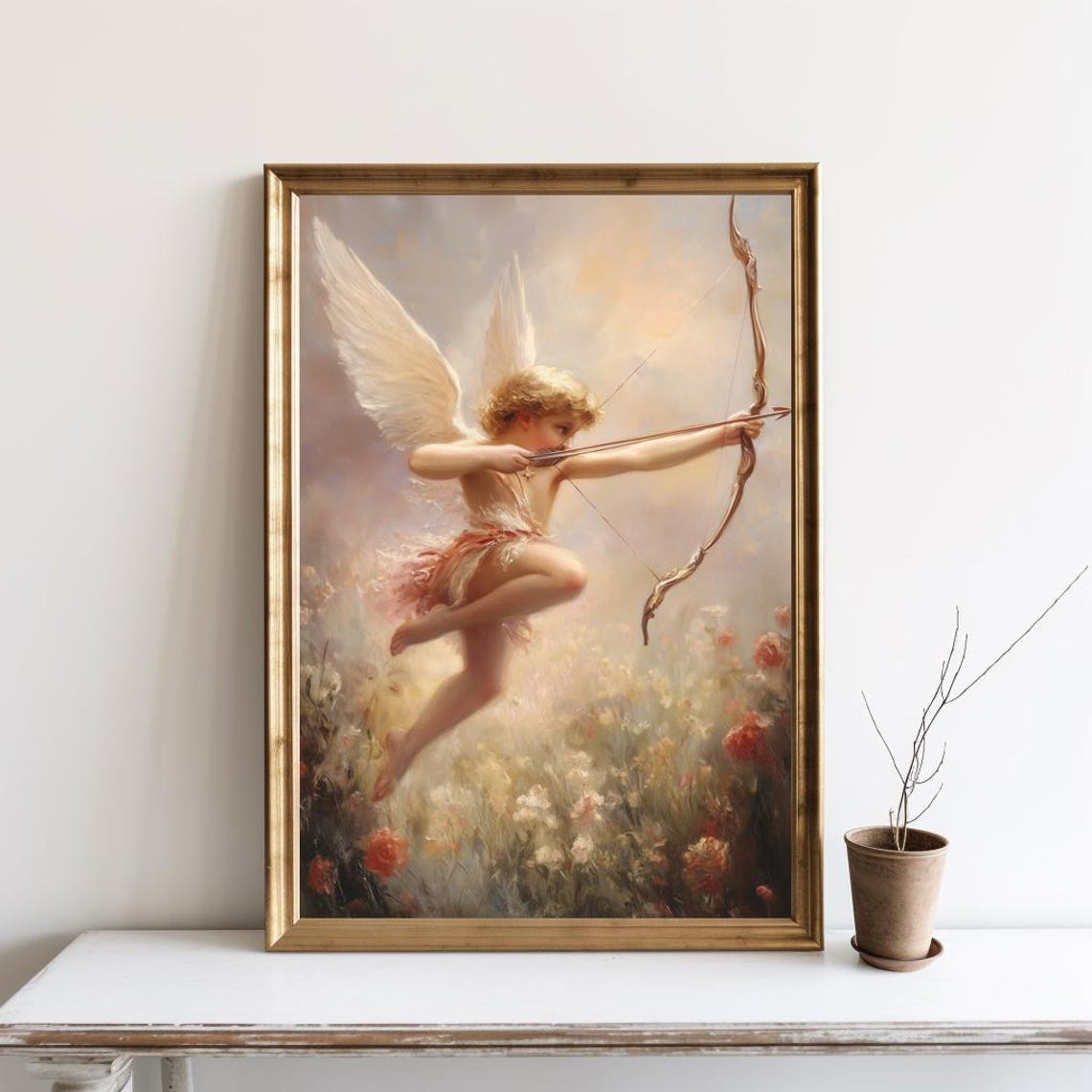Cupid Drawing Bow Classical Cherub Flower Meadow Vintage Art Poster