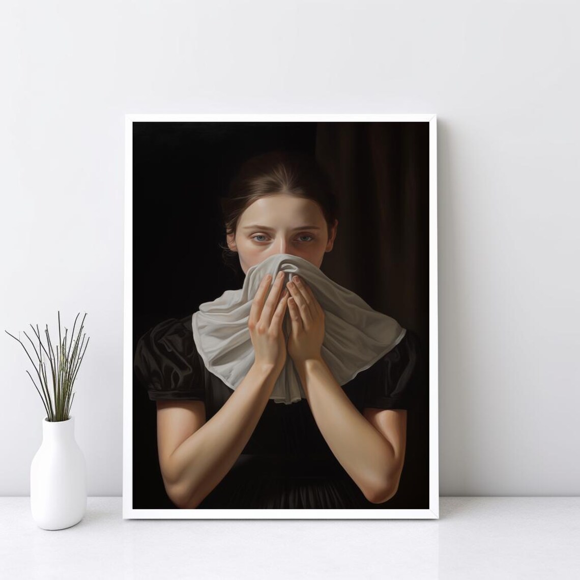 Classical Woman Portrait Covering Face Funny Bathroom Art Poster