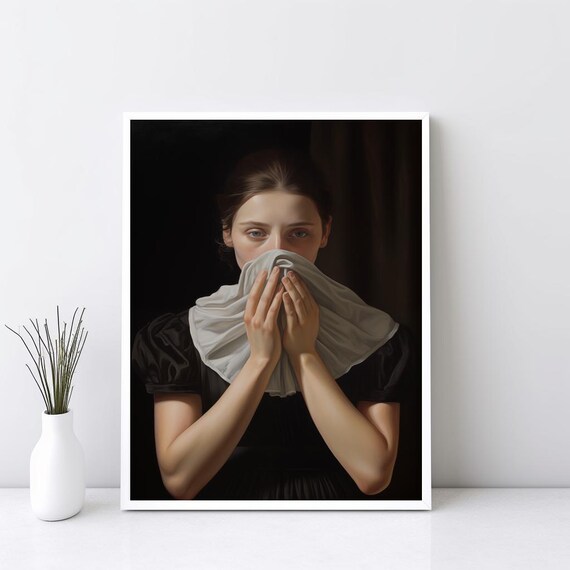 Classical Woman Portrait Covering Face Funny Bathroom Art Poster