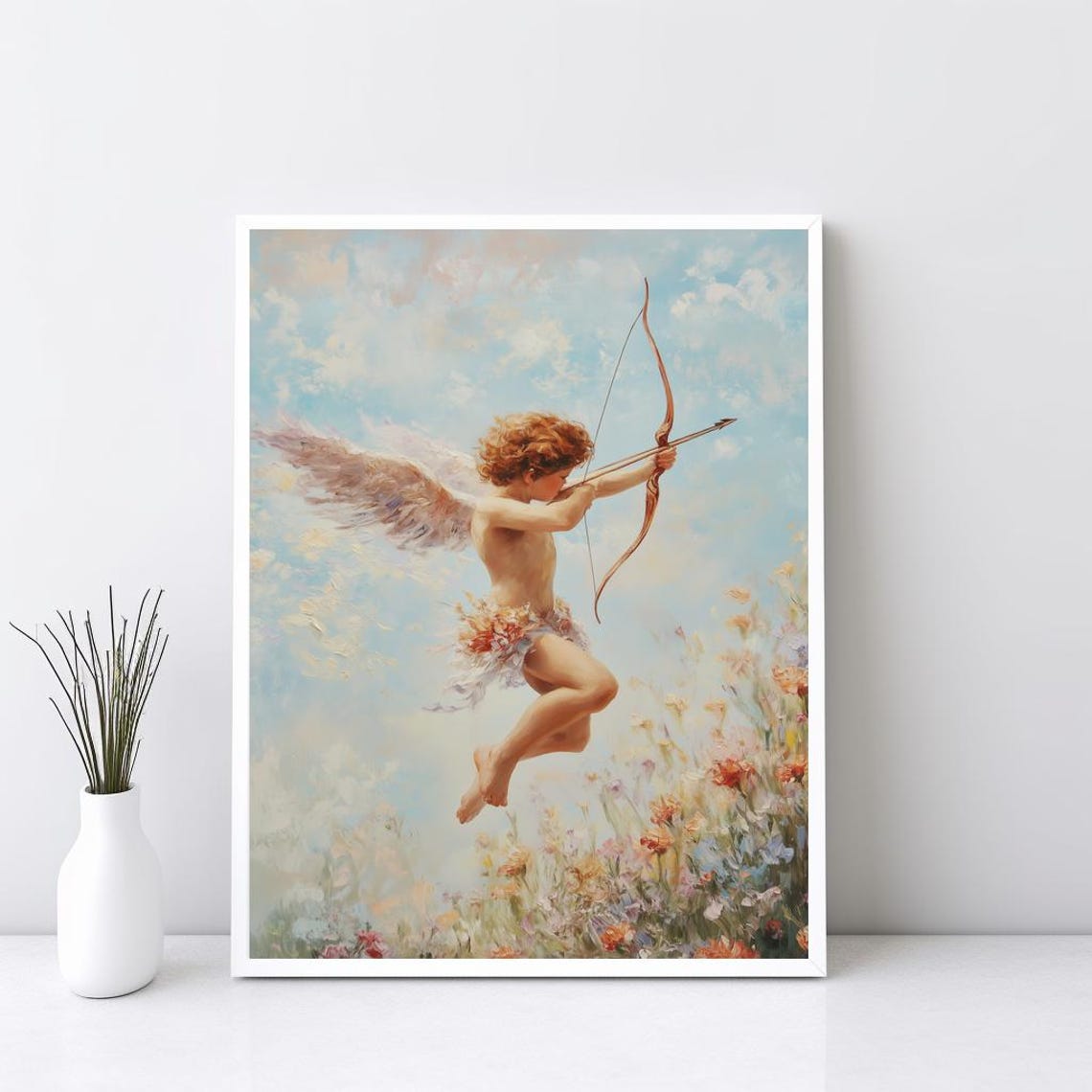 Cupid With Bow Clouds Flower Garden Classical Cherub Art Poster