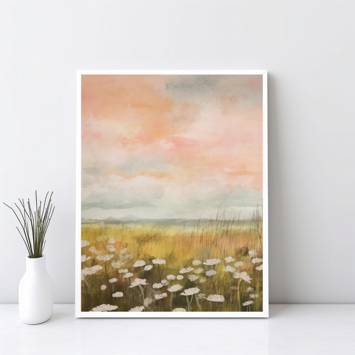 Spring Wildflower Meadow Pastel Sunset Country Landscape Art Poster