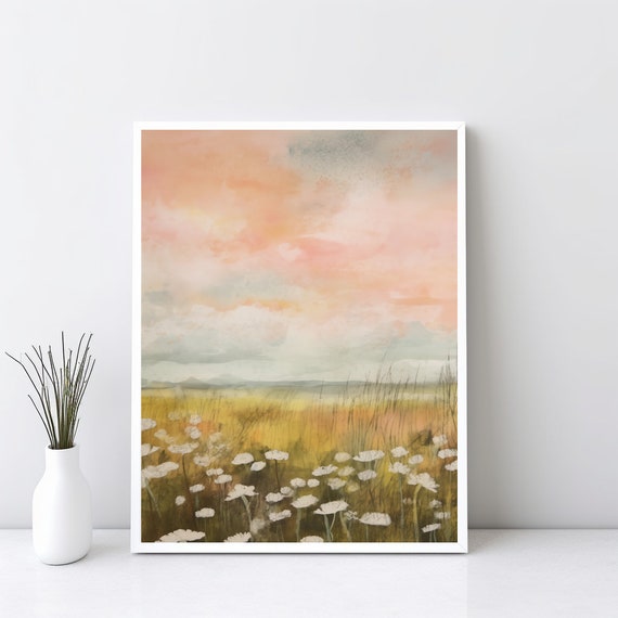 Spring Landscape Print Neutral Pastel Wall Art Country Farmhouse Oil Painting Cloudy Pink Sky Jpg Sg77