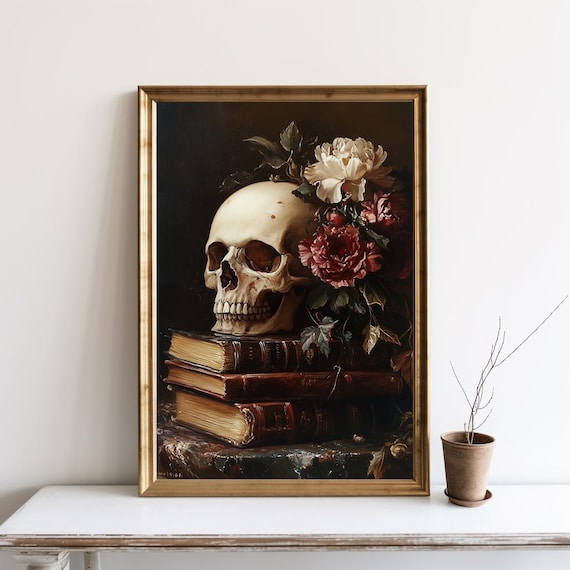 Gothic Skull Flowers Antique Books Dark Oil Painting Moody Art Poster